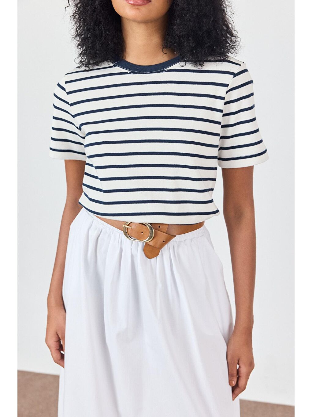 Lacivert Omuzları Vatkalı Çizgili T-Shirt-1