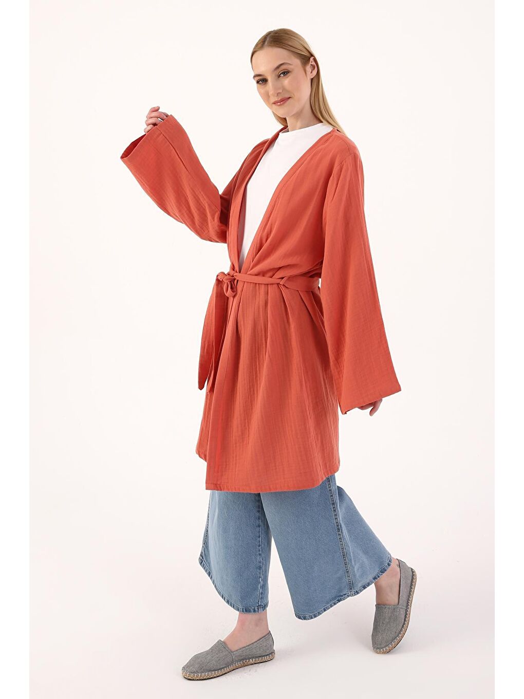 Kahverengi Açık Kiremit Pamuklu Kuşaklı Kimono-4