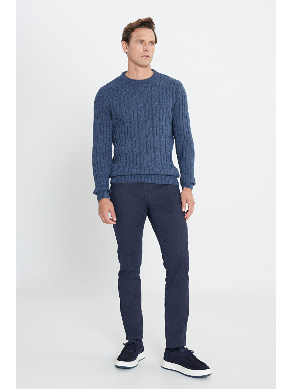 Erkek Havacı Mavi Normal Kesim %100 Pamuk Jakarlı Triko Kazak-1