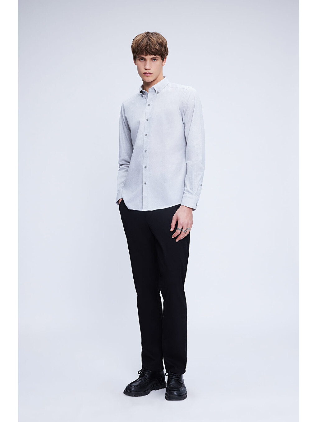 Gri Slim Fit Düğmeli Yaka Pamuklu Uzun Kollu Gömlek-1