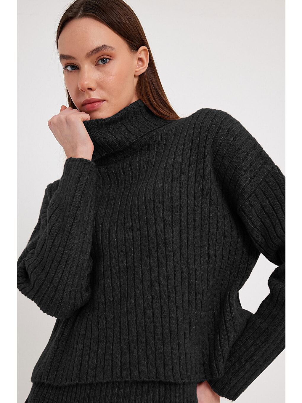 Antrasit Fitilli Etek Kazak Triko Takım-2