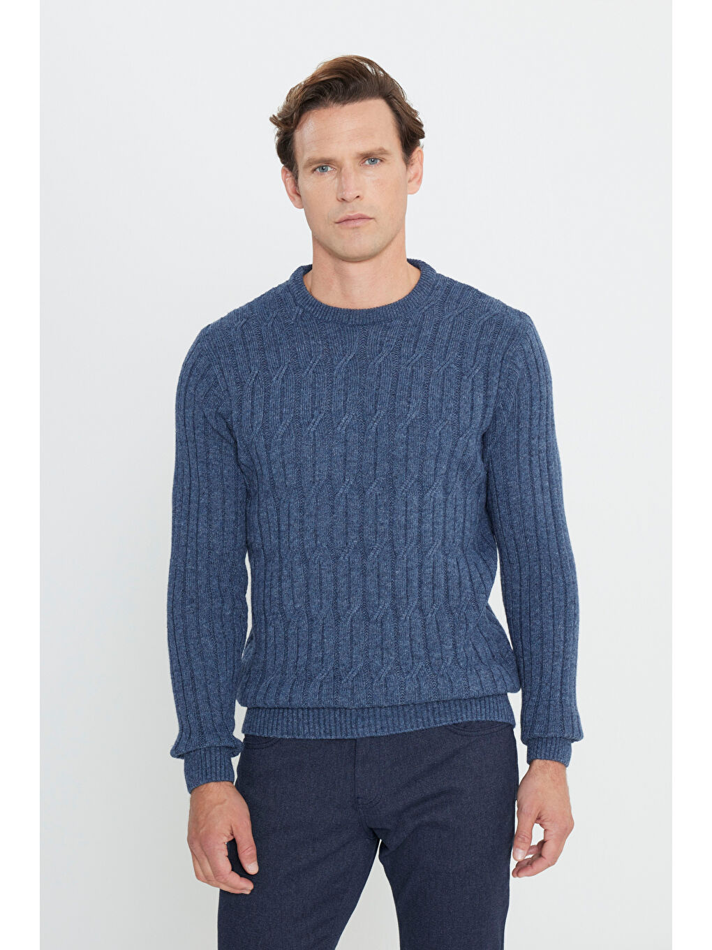 Erkek Havacı Mavi Normal Kesim %100 Pamuk Jakarlı Triko Kazak-2