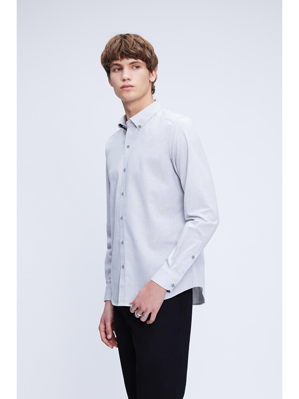 Gri Slim Fit Düğmeli Yaka Pamuklu Uzun Kollu Gömlek-2