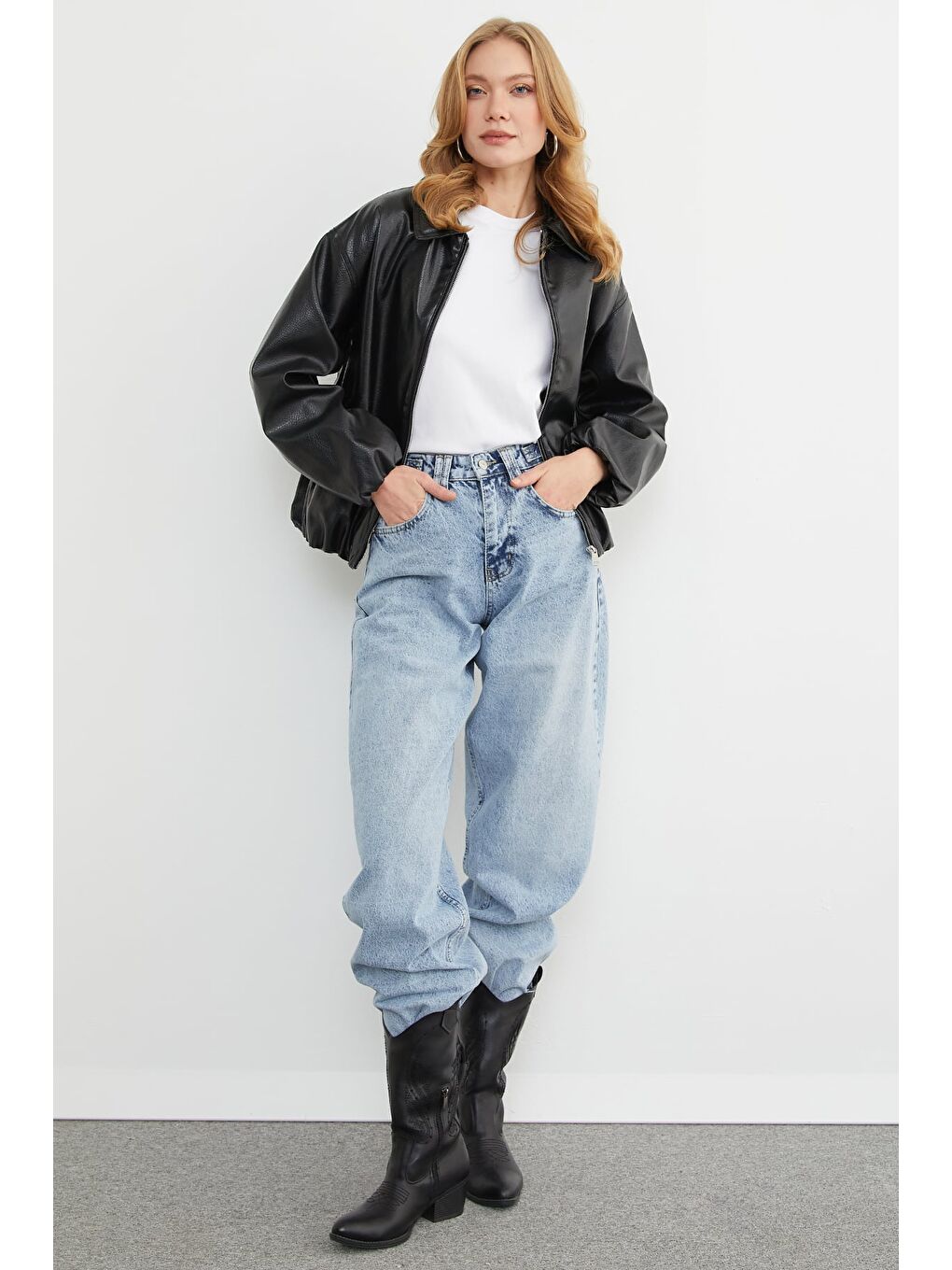 Siyah Fermuarlı Cepli Polo Yaka Bomber Suni Deri Ceket-4