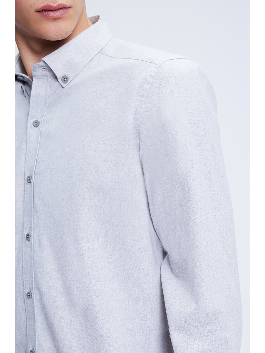 Gri Slim Fit Düğmeli Yaka Pamuklu Uzun Kollu Gömlek-3