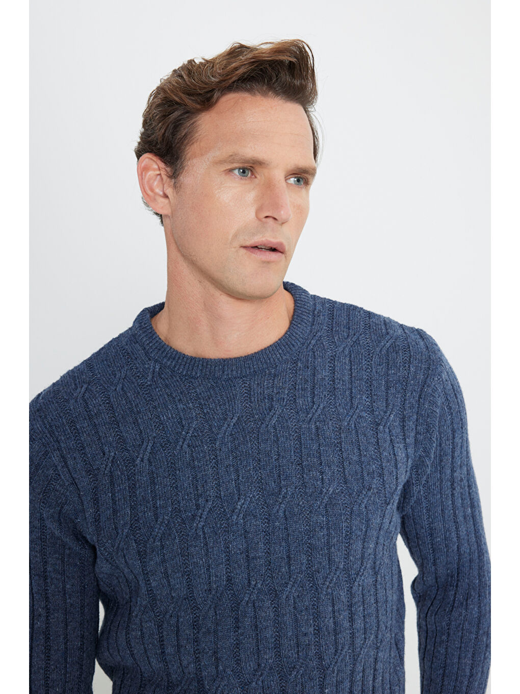 Erkek Havacı Mavi Normal Kesim %100 Pamuk Jakarlı Triko Kazak-3