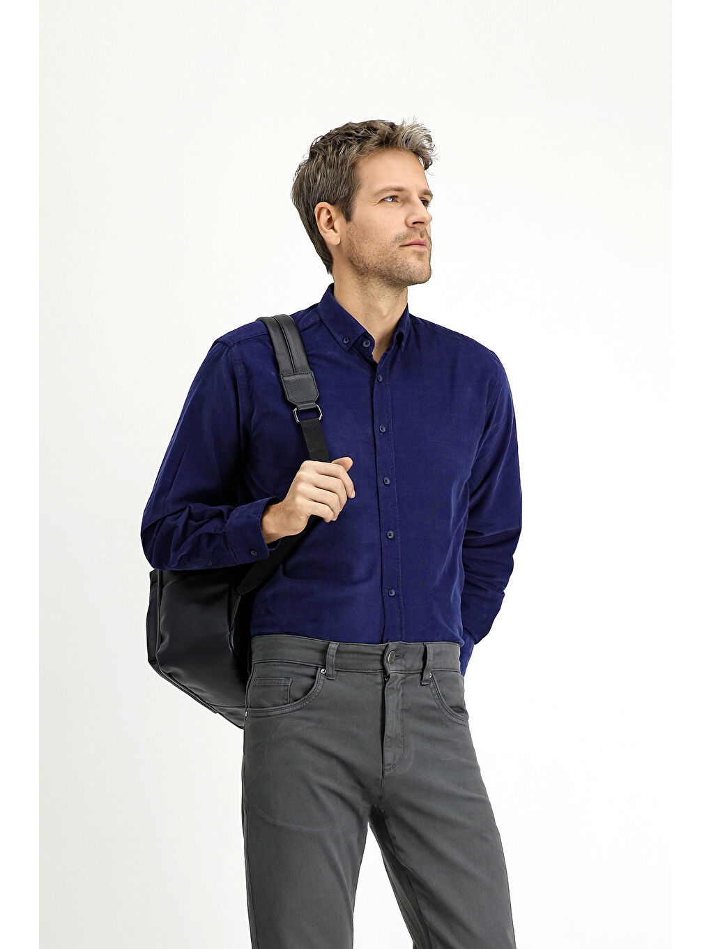 Lacivert Uzun Kol Regular Fit Spor Düğmeli Yaka Pamuk Kadife Gömlek-1