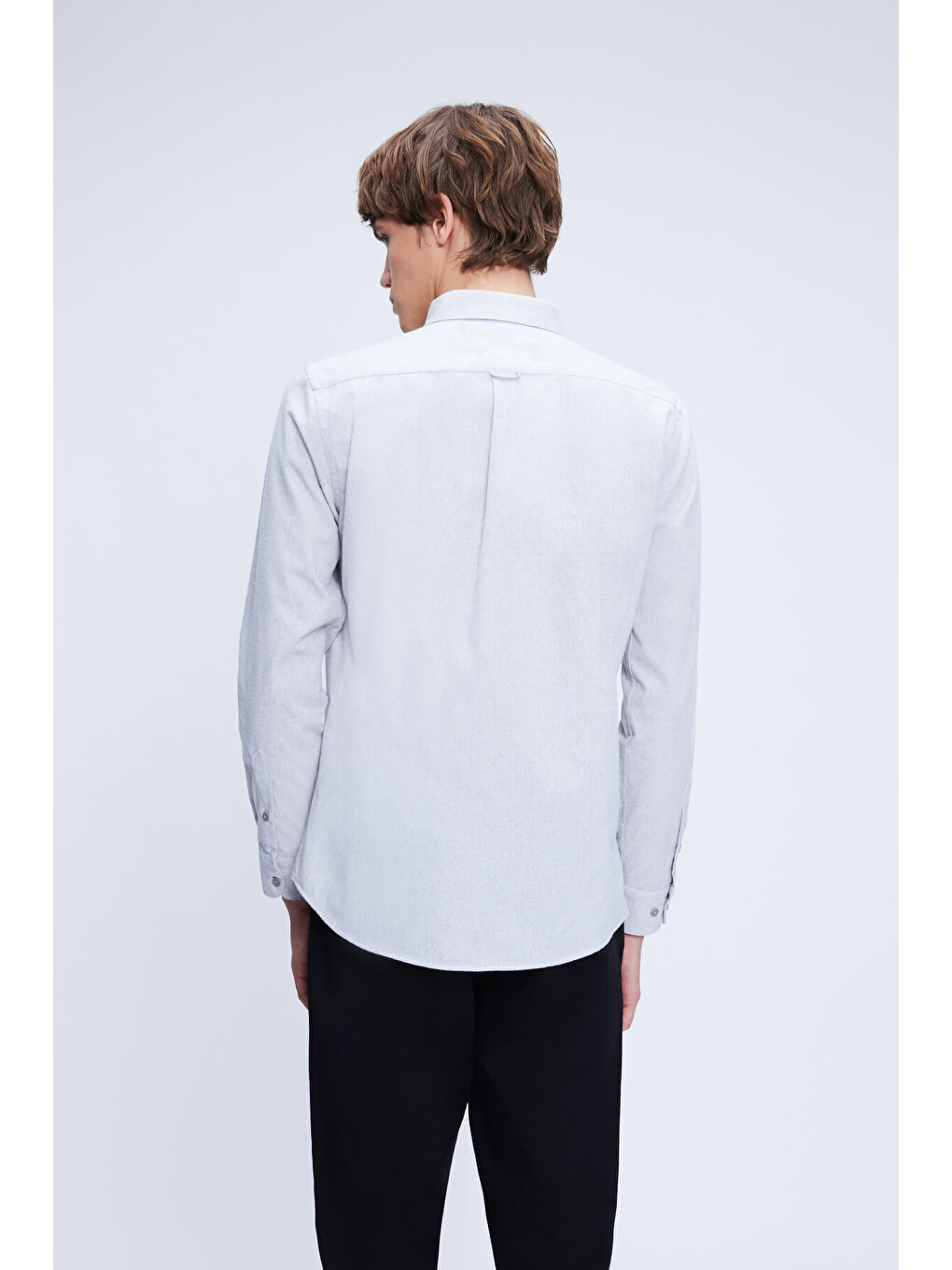 Gri Slim Fit Düğmeli Yaka Pamuklu Uzun Kollu Gömlek-4