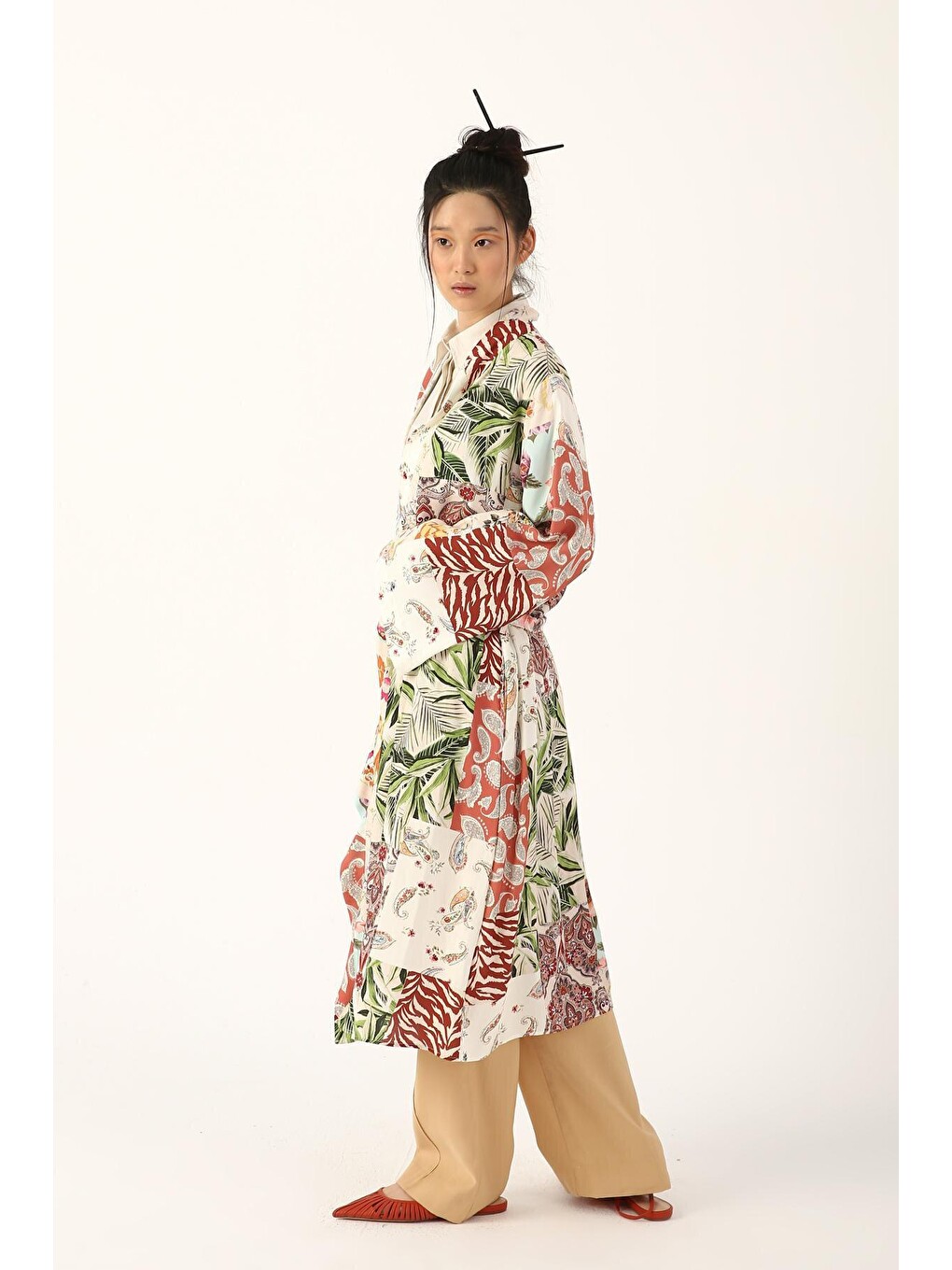 Pembe Ekru-gül Cepli Kuşaklı Desenli Kimono-4