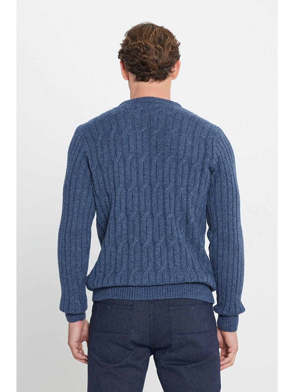 Erkek Havacı Mavi Normal Kesim %100 Pamuk Jakarlı Triko Kazak-4