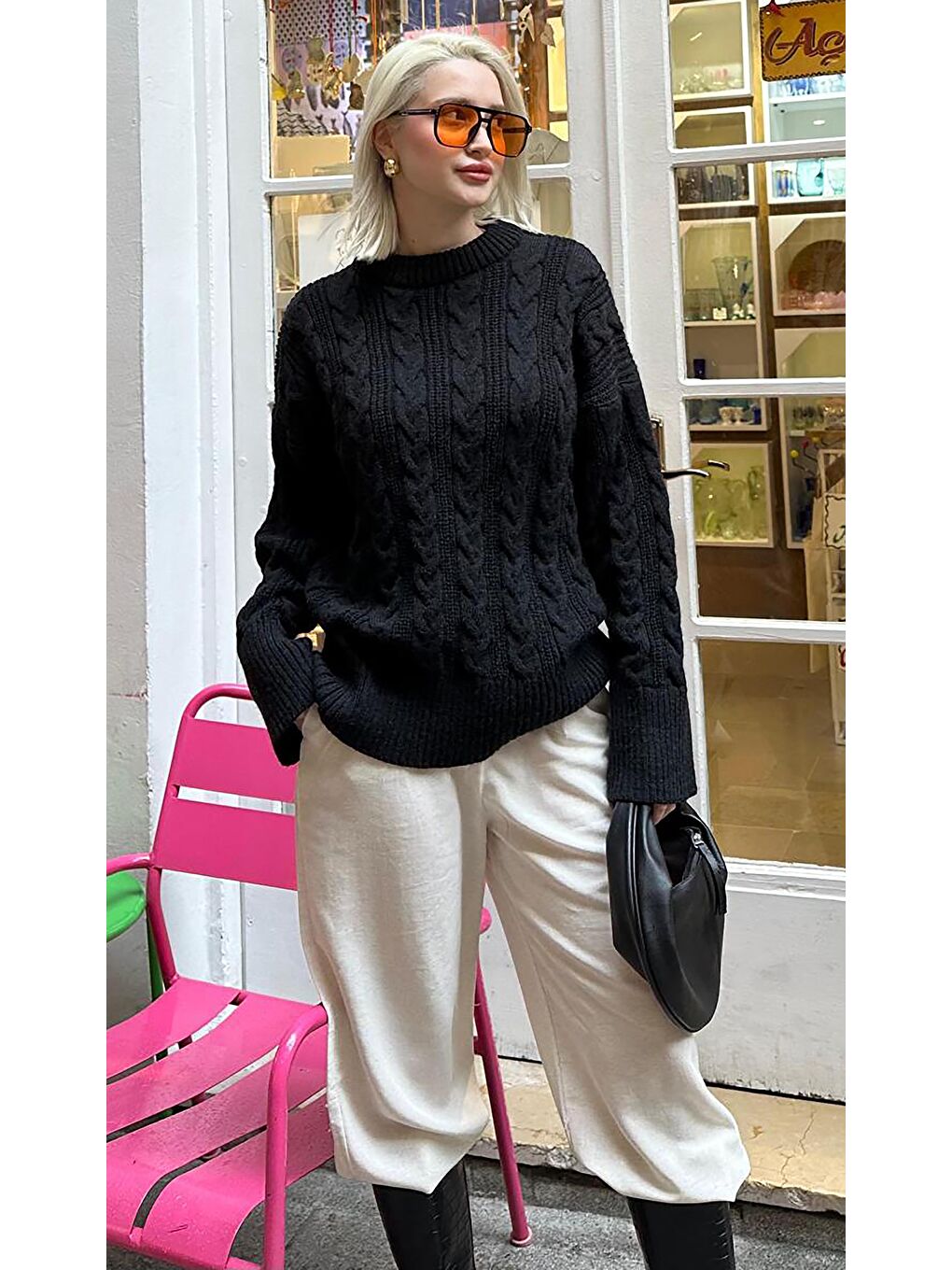 Siyah Bisiklet Yaka Oversize Triko Kazak Mg2009-1