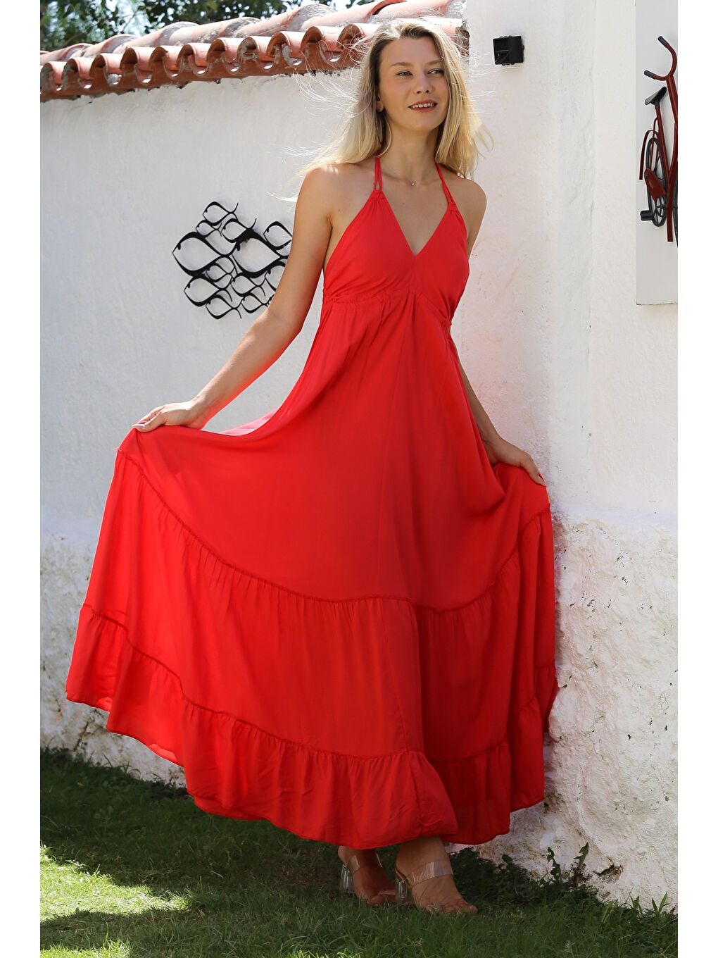 Kırmızı V Yaka Askılı Eteği Fırfırlı Dokuma Casual Elbise