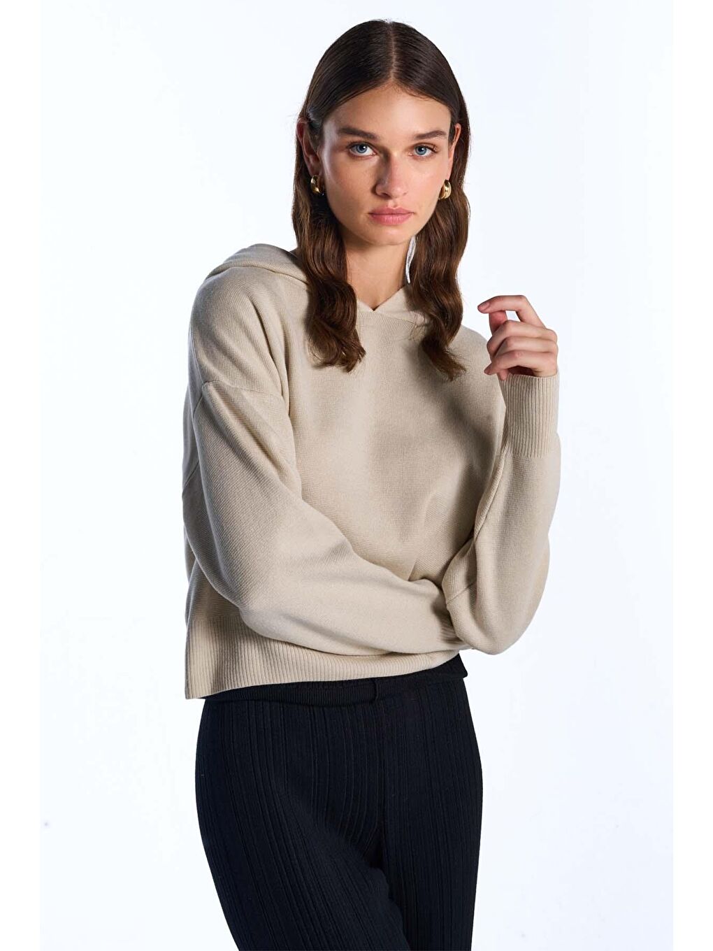 Ekru Kapüşonlu Triko Sweatshirt