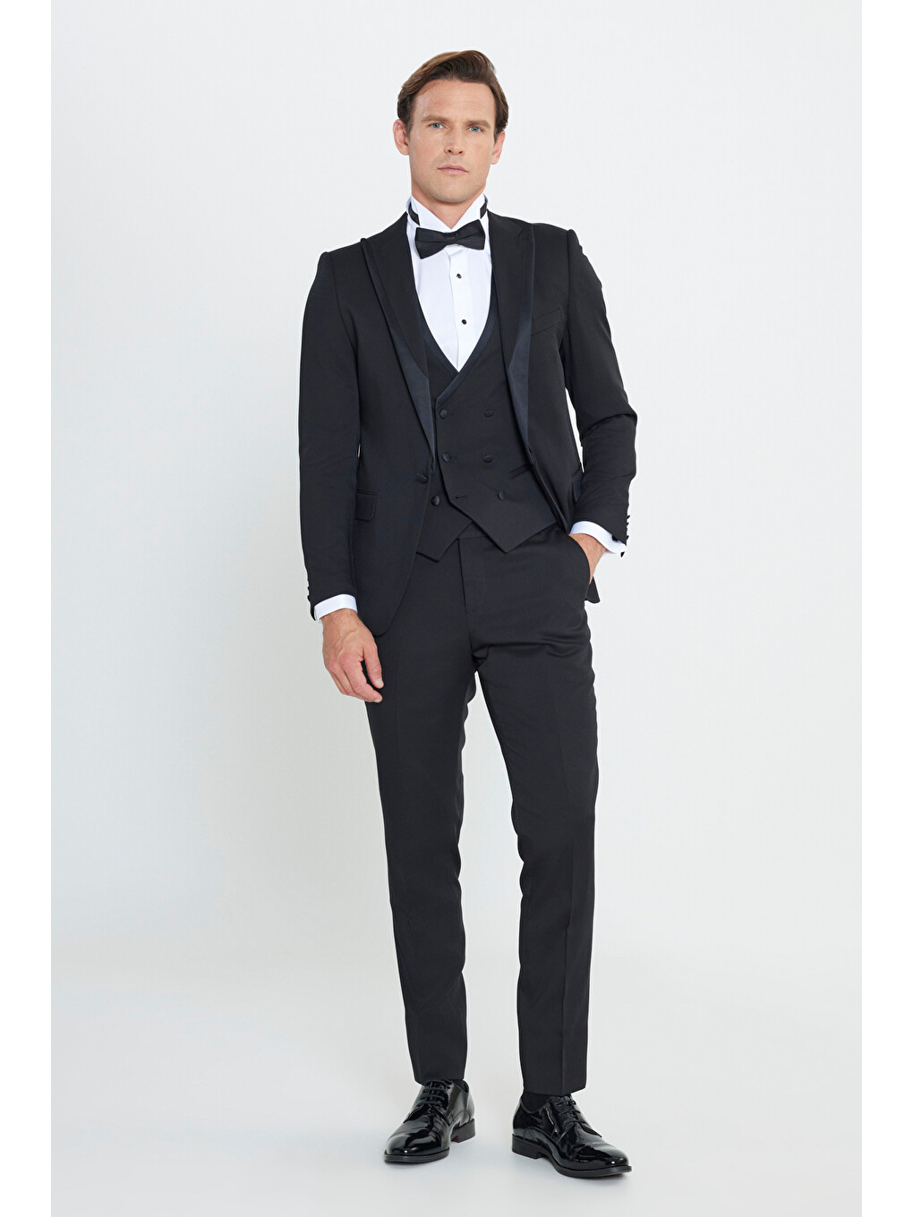 Erkek Siyah Ekstra Slim Fit Dar Kesim Mono Yaka Desenli Smokin Takım-1