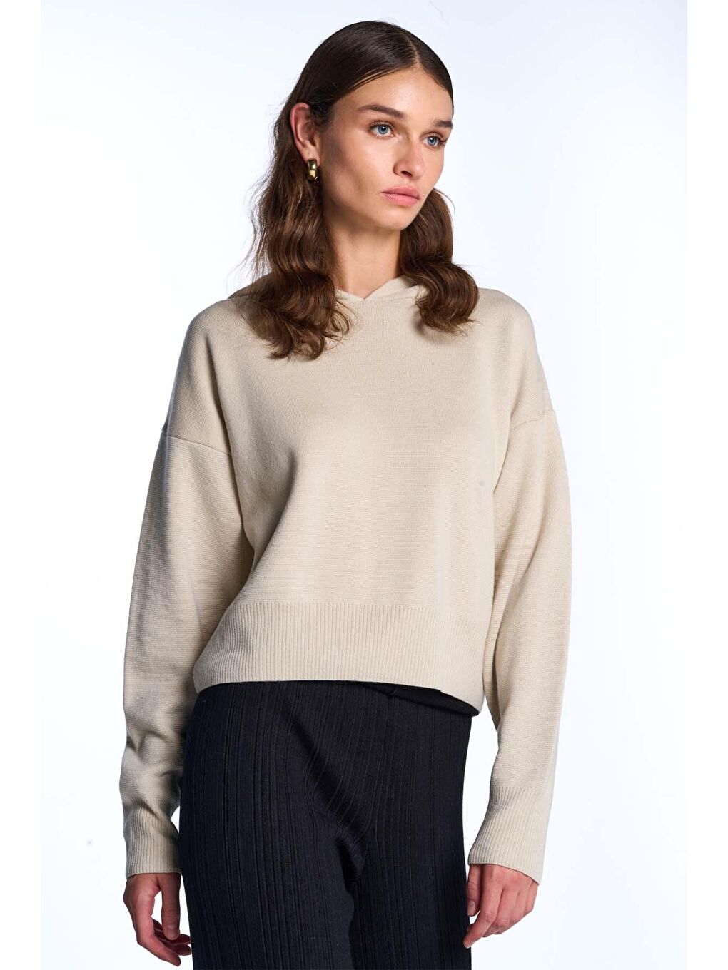 Ekru Kapüşonlu Triko Sweatshirt-1