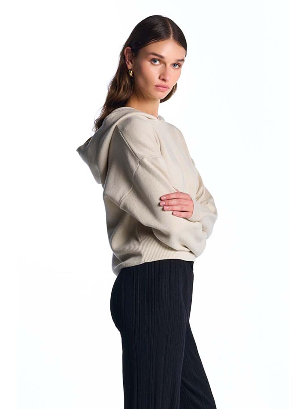 Ekru Kapüşonlu Triko Sweatshirt-2