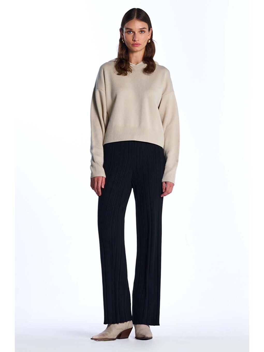 Ekru Kapüşonlu Triko Sweatshirt-3