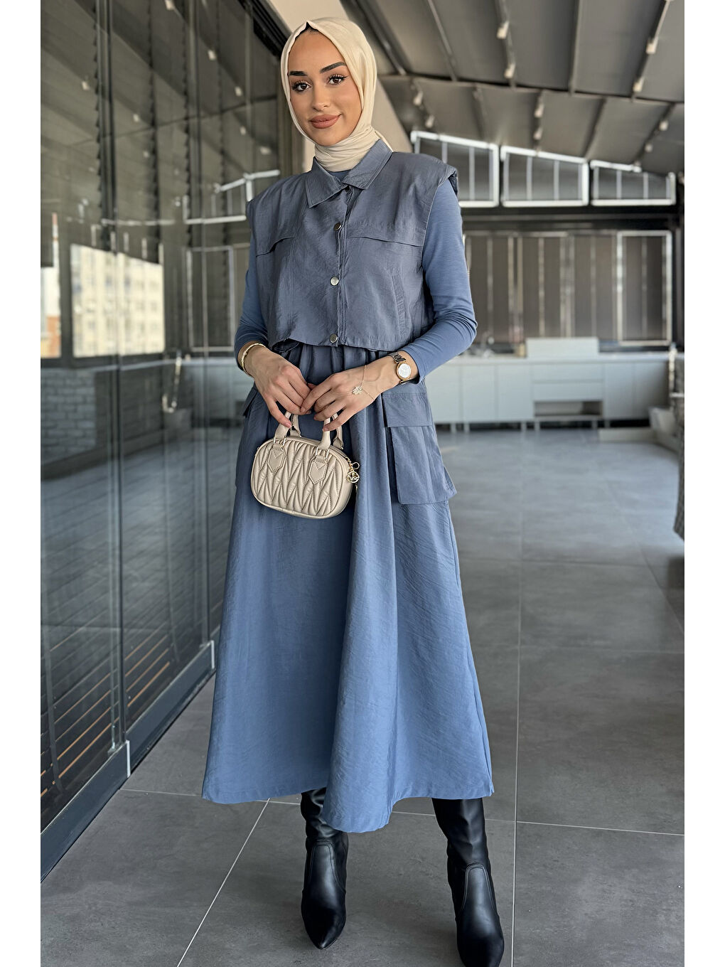 İndigo Çıtçıtlı Kargo Cepli Paraşüt Kumaş Elbise Yelek Tesettür İkili Takım-1