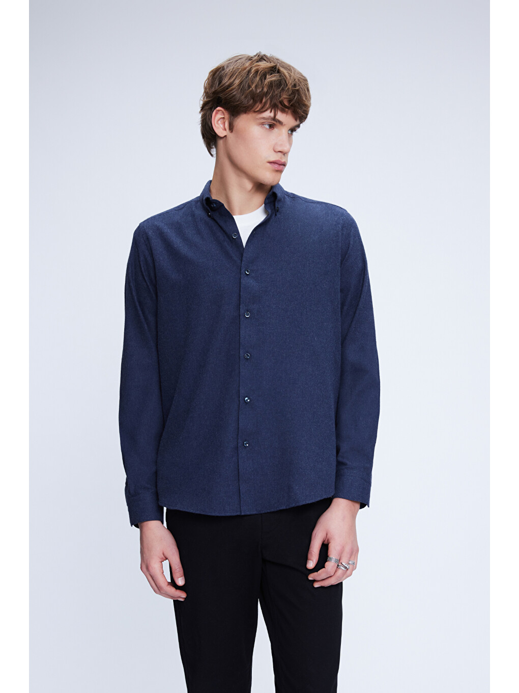 Lacivert Slim Fit Uzun Kol Düğmeli Yaka Pamuklu Flanel Gömlek