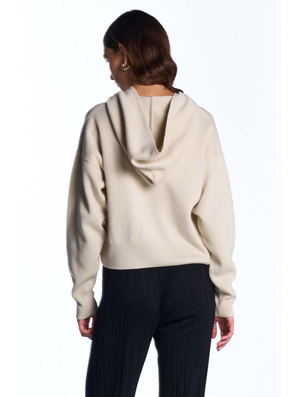 Ekru Kapüşonlu Triko Sweatshirt-4