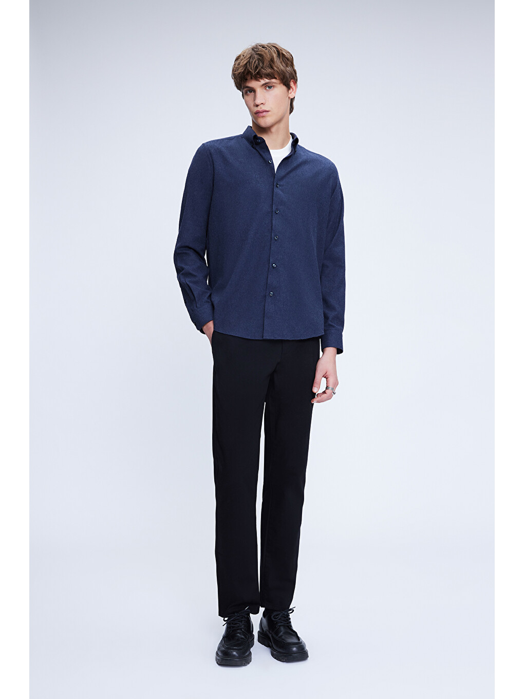 Lacivert Slim Fit Uzun Kol Düğmeli Yaka Pamuklu Flanel Gömlek-1