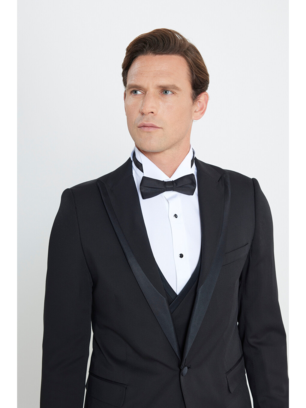 Erkek Siyah Ekstra Slim Fit Dar Kesim Mono Yaka Desenli Smokin Takım-2