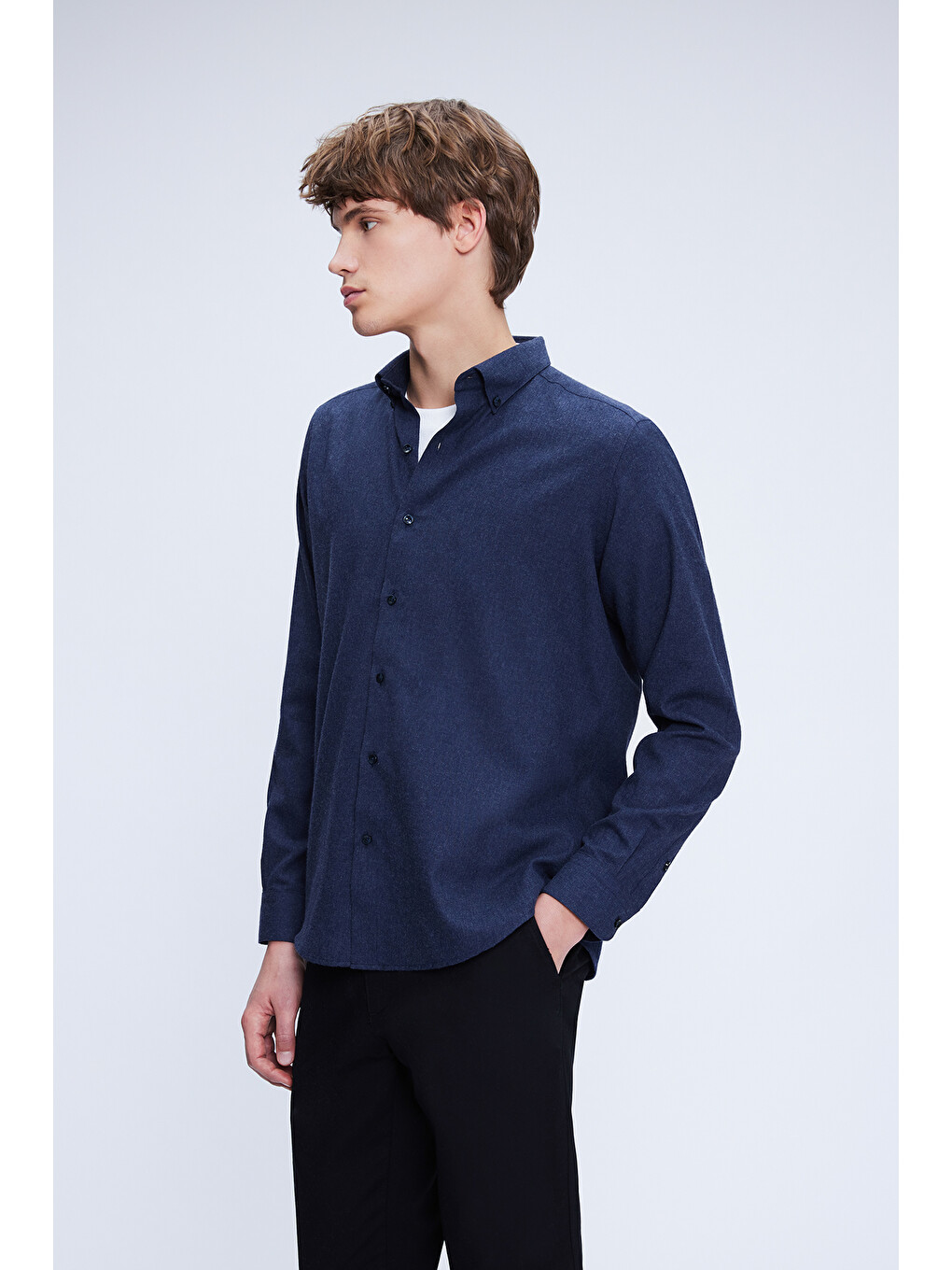 Lacivert Slim Fit Uzun Kol Düğmeli Yaka Pamuklu Flanel Gömlek-2
