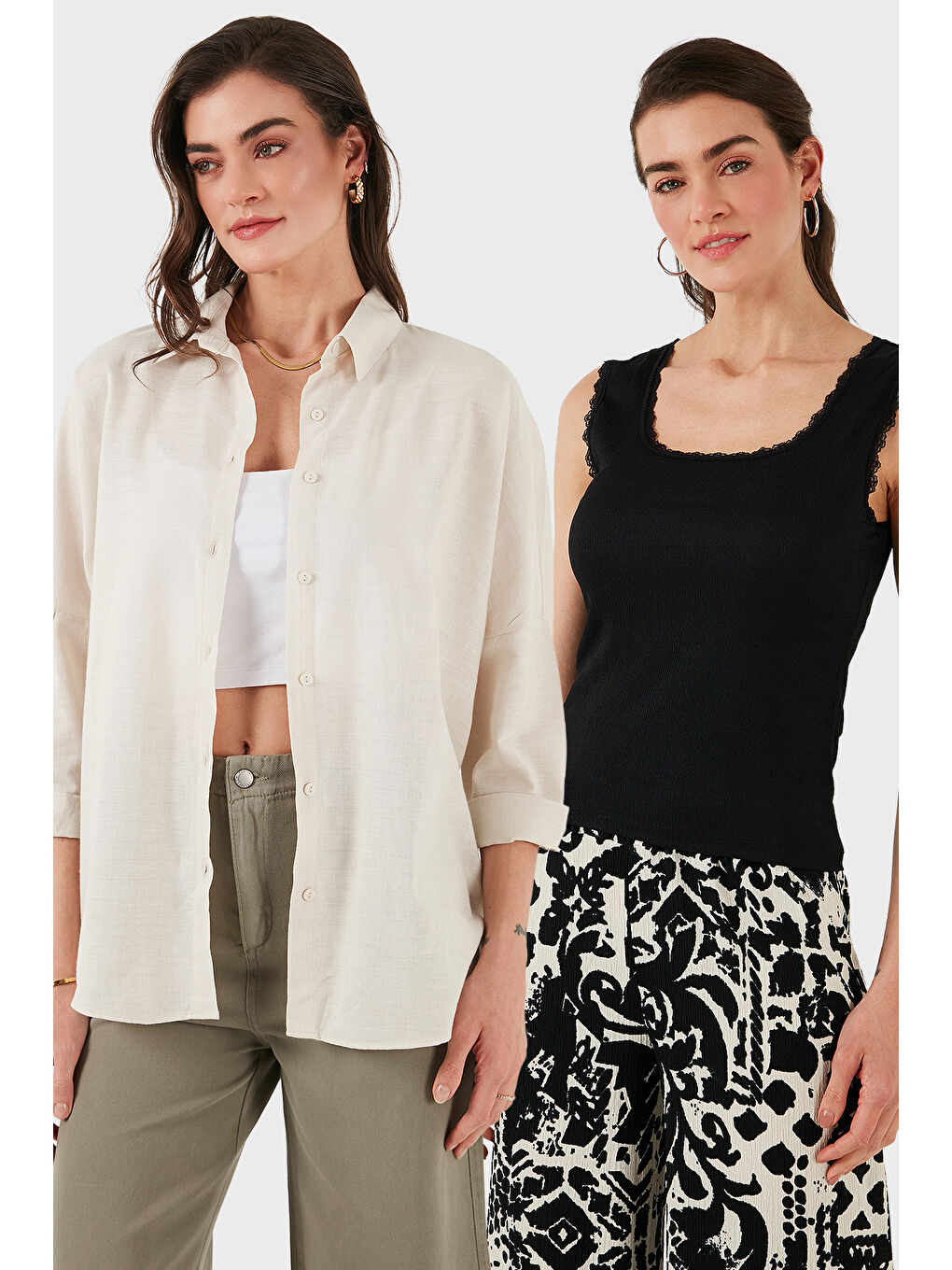 Bej Streç Pamuklu Oversize Fit 2' li Paket Gömlek-Atlet Set 67810014979S2