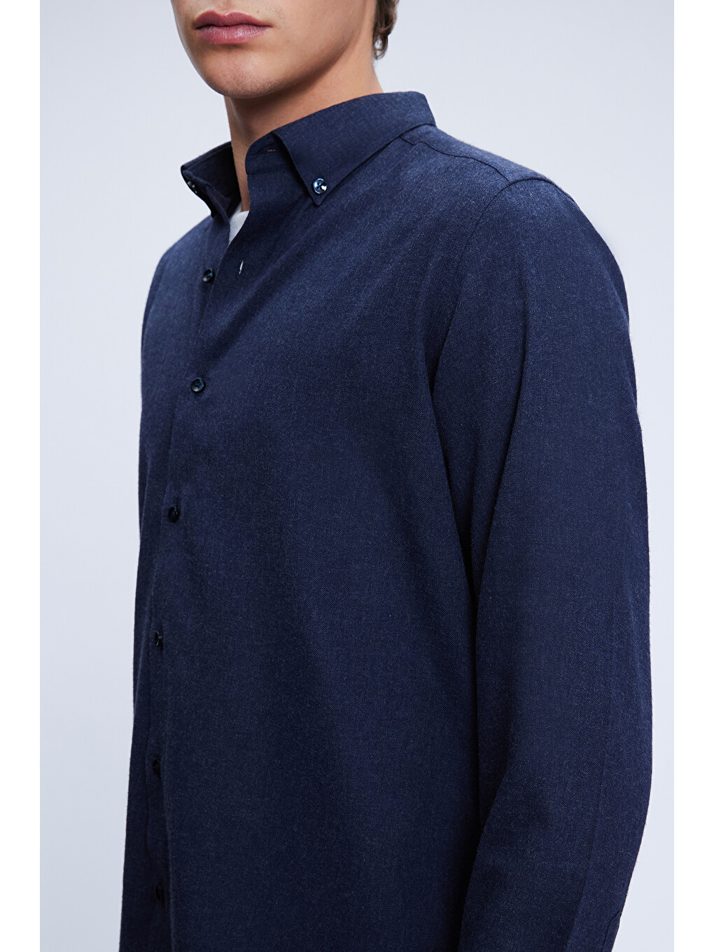 Lacivert Slim Fit Uzun Kol Düğmeli Yaka Pamuklu Flanel Gömlek-3
