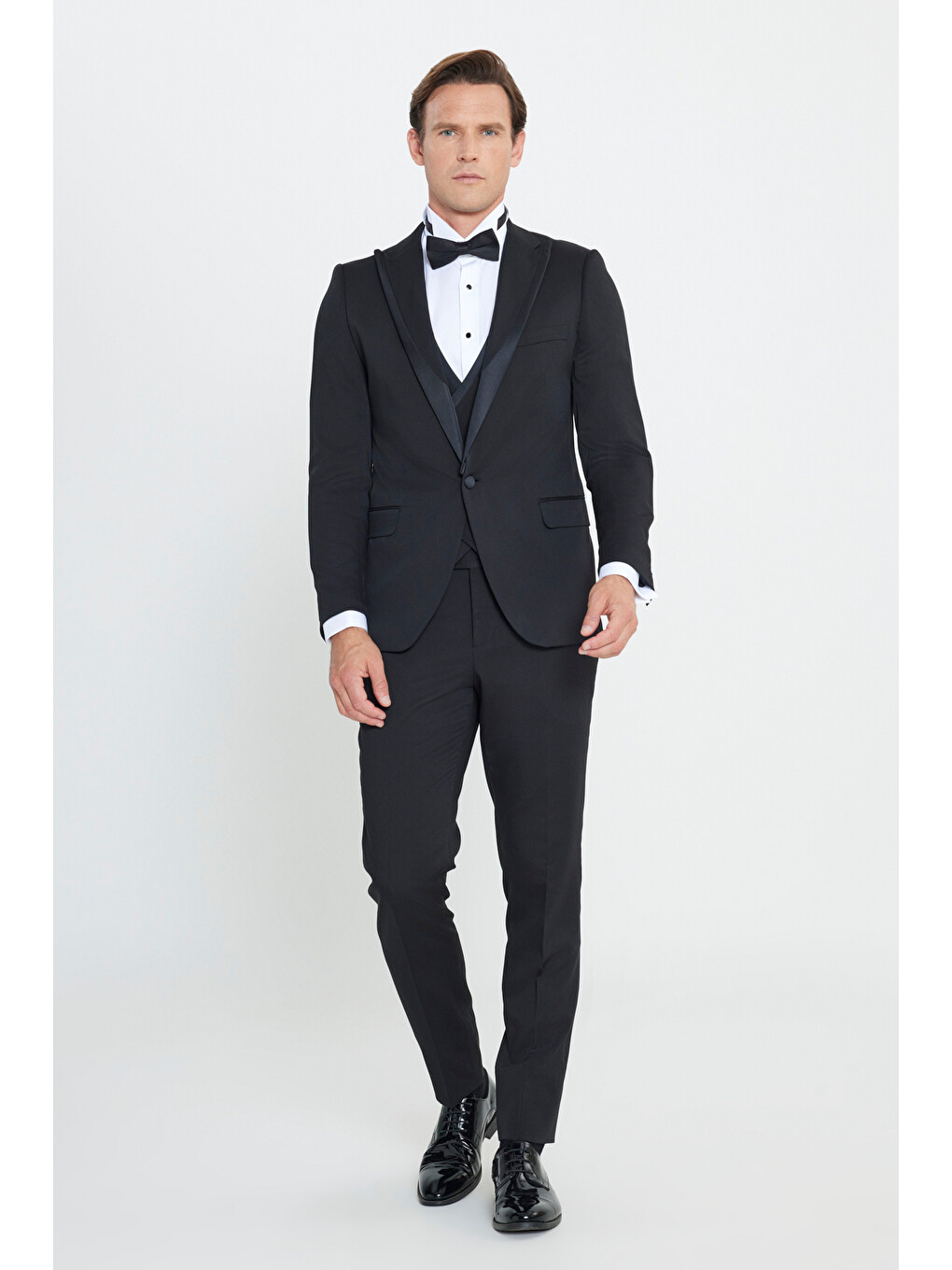 Erkek Siyah Ekstra Slim Fit Dar Kesim Mono Yaka Desenli Smokin Takım-3