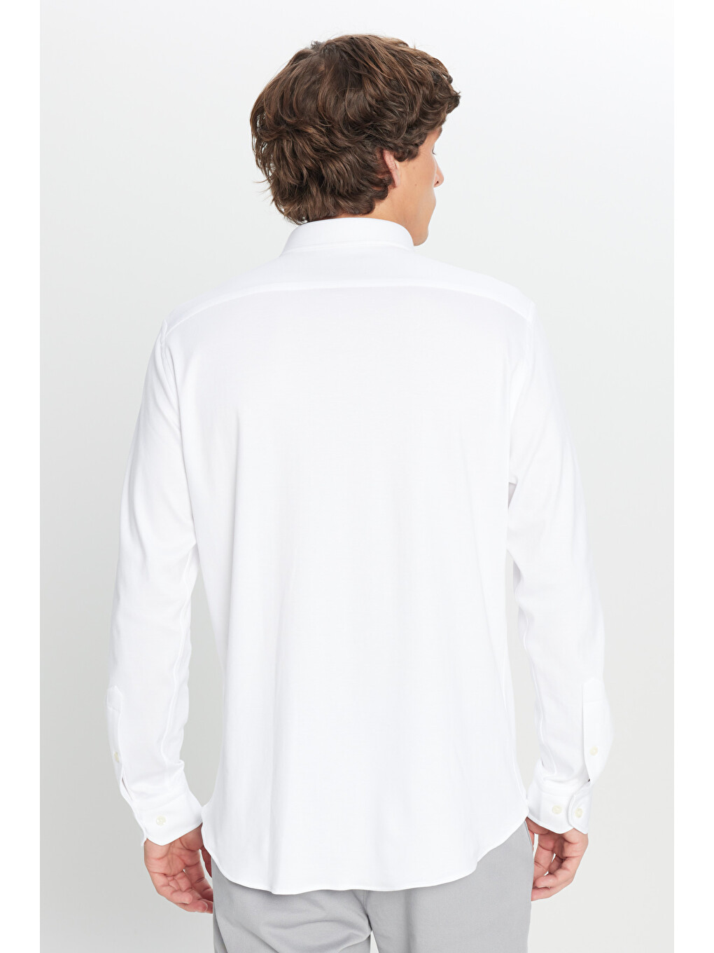 Erkek Beyaz %100 Pamuk Slim Fit Dar Kesim Düğmeli Yaka Örme Gömlek-4