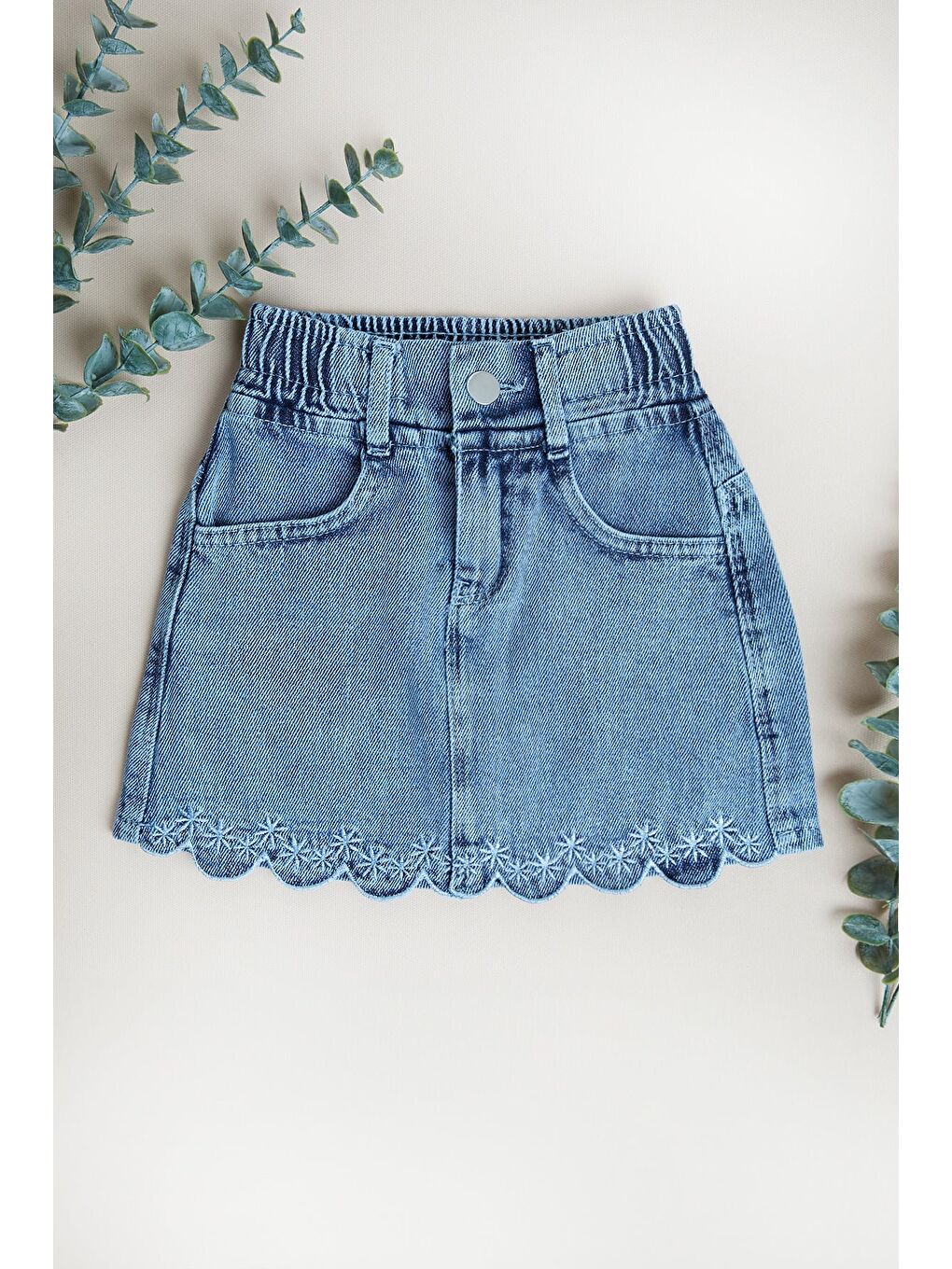 Mavi %100 Pamuk Çiçek Nakışlı Kız Çocuk Jean Etek