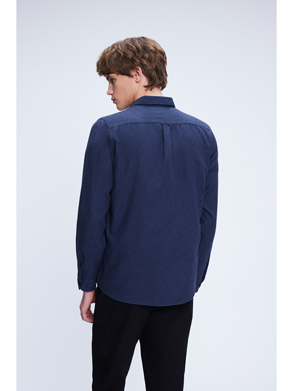 Lacivert Slim Fit Uzun Kol Düğmeli Yaka Pamuklu Flanel Gömlek-4