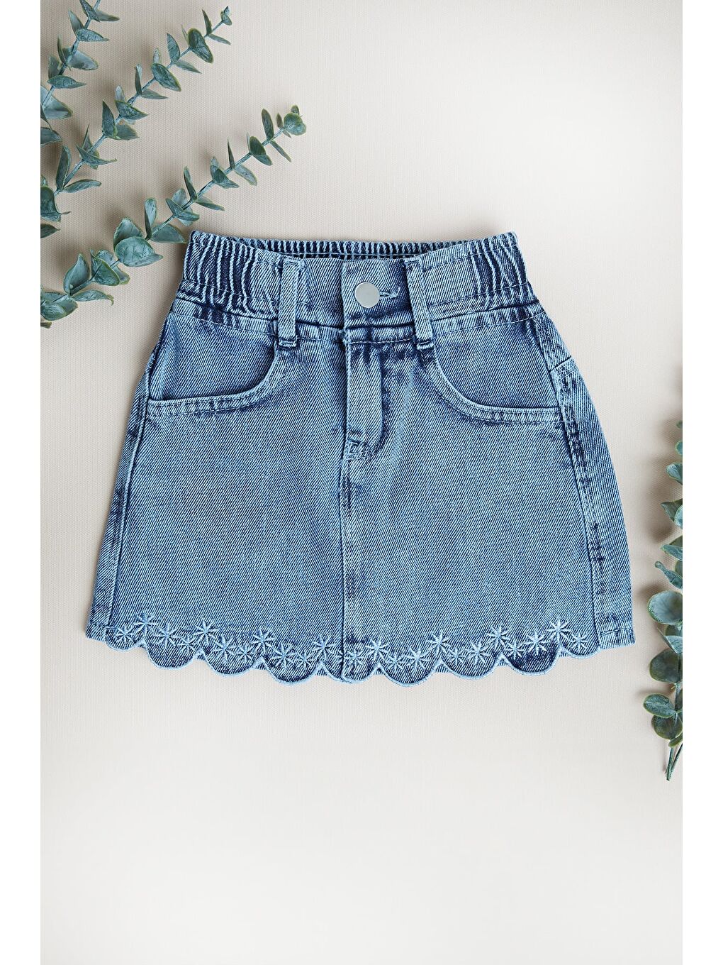 Mavi %100 Pamuk Çiçek Nakışlı Kız Çocuk Jean Etek-1