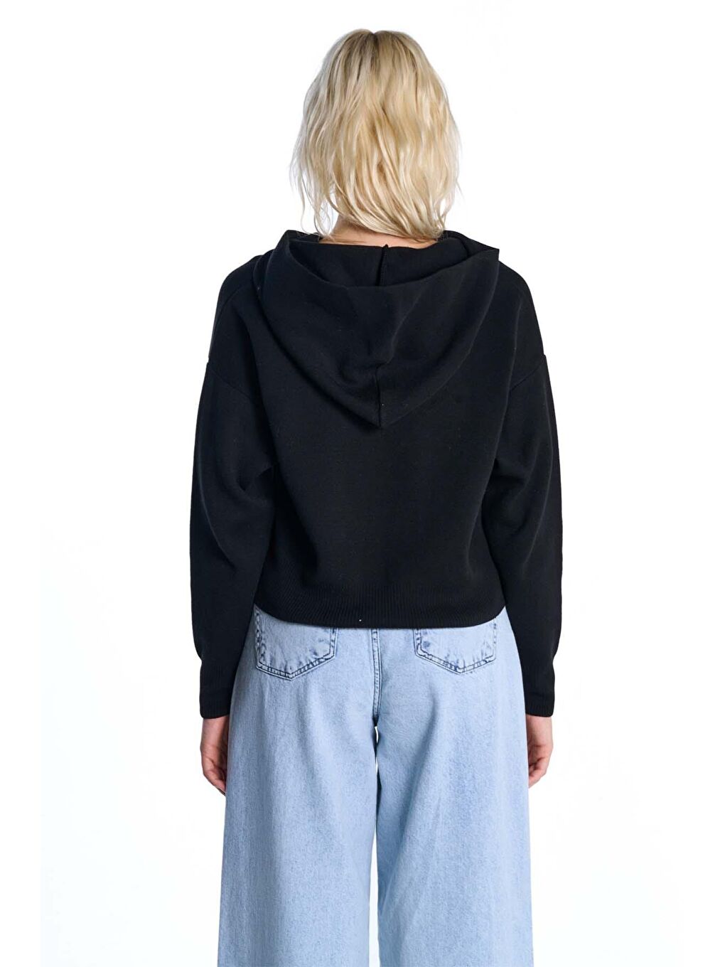 Siyah Kapüşonlu Triko Sweatshirt-4