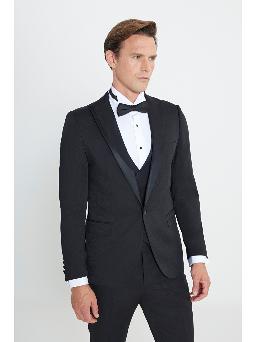 Erkek Siyah Ekstra Slim Fit Dar Kesim Mono Yaka Desenli Smokin Takım-4