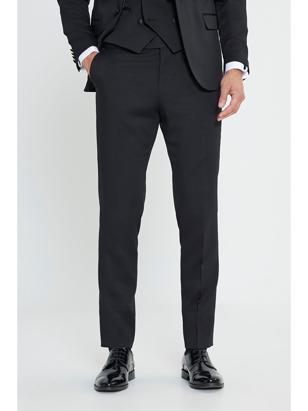 Erkek Siyah Ekstra Slim Fit Dar Kesim Mono Yaka Desenli Smokin Takım-5
