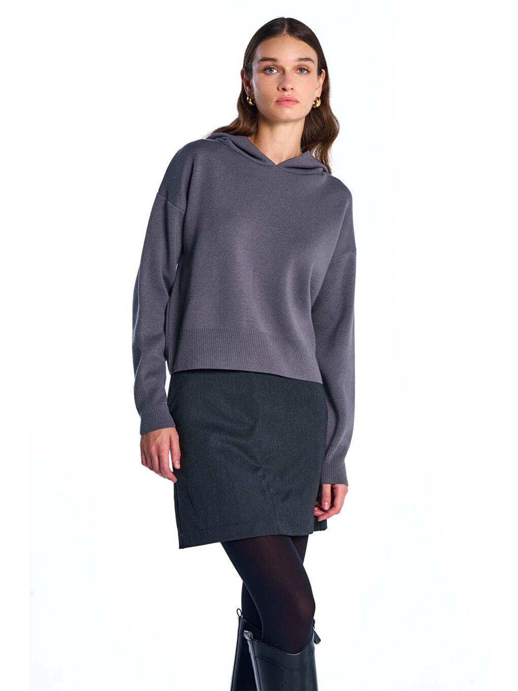 Koyu Gri Kapüşonlu Triko Sweatshirt-1