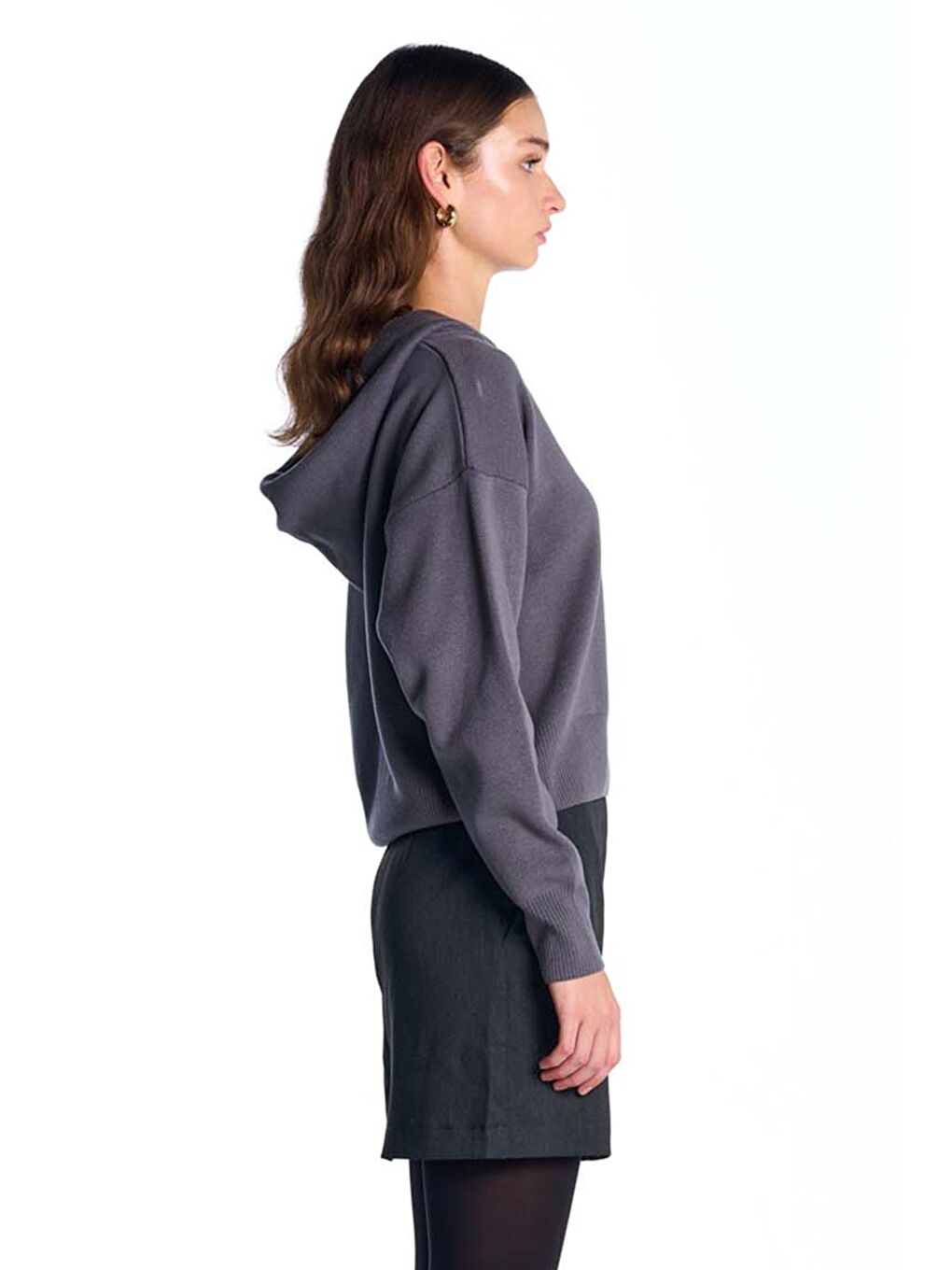 Koyu Gri Kapüşonlu Triko Sweatshirt-2