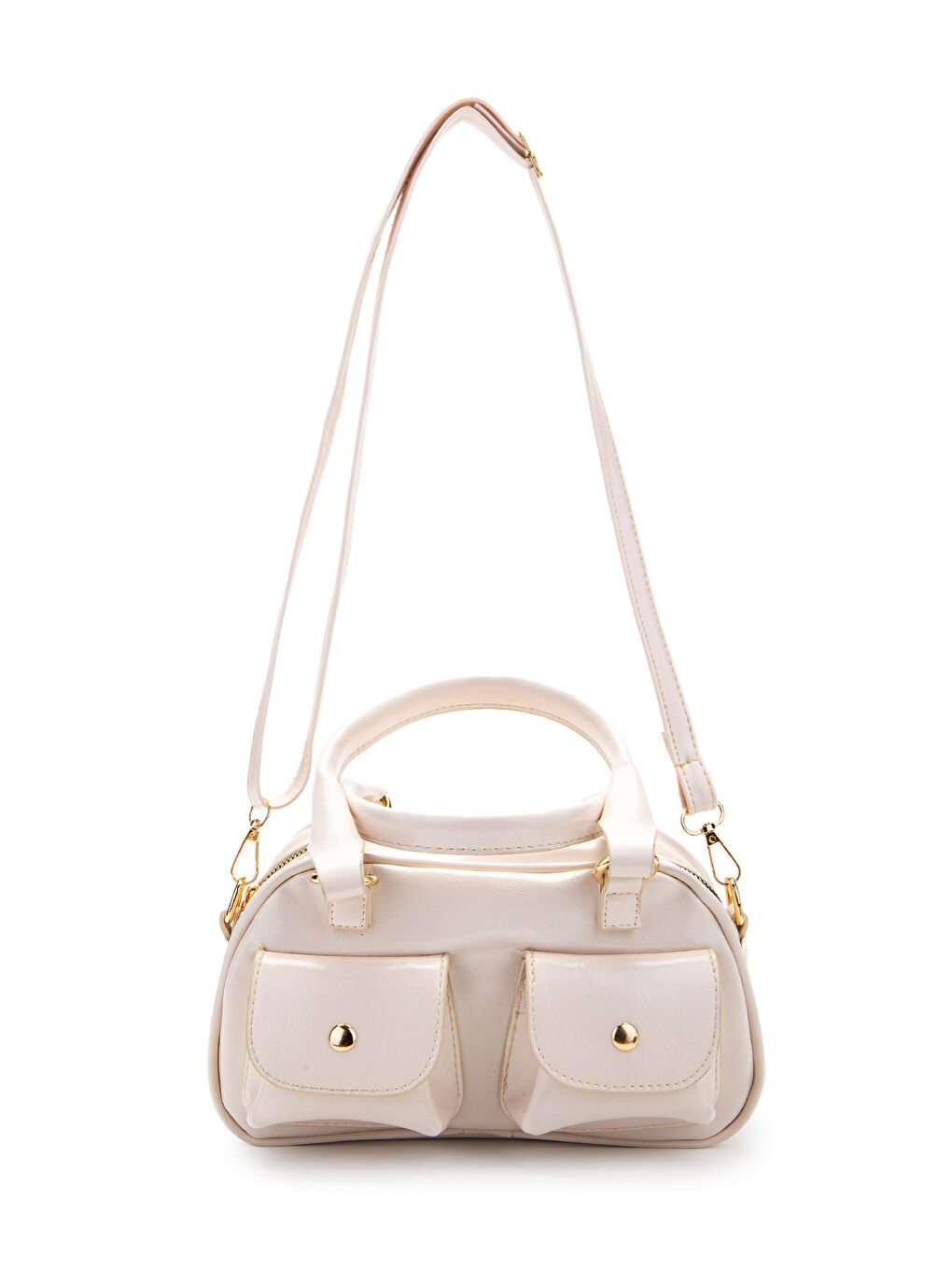 Ekru Çift Cep Detaylı Suni Deri Kadın Çapraz Çanta Vera Krem