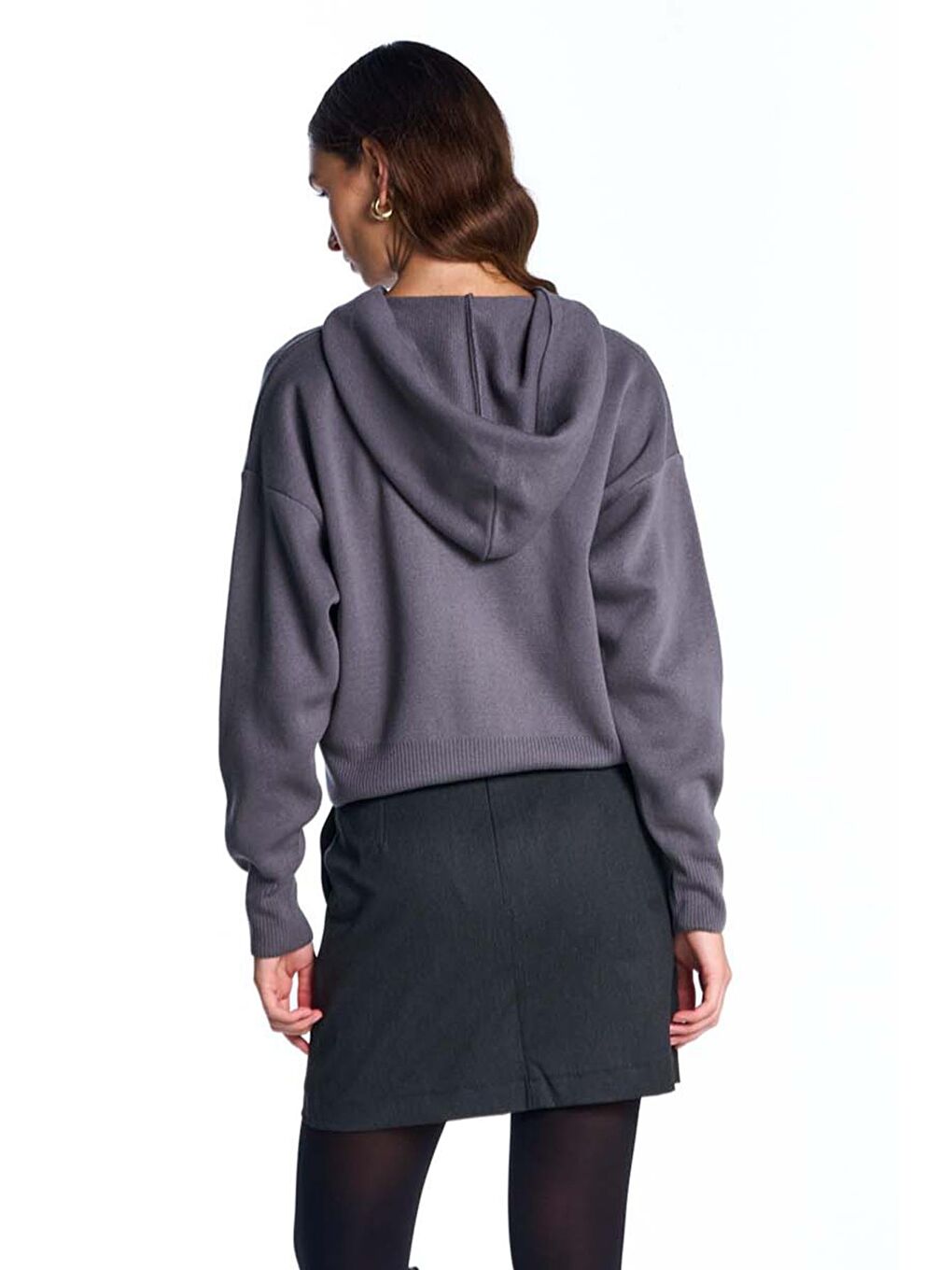 Koyu Gri Kapüşonlu Triko Sweatshirt-4