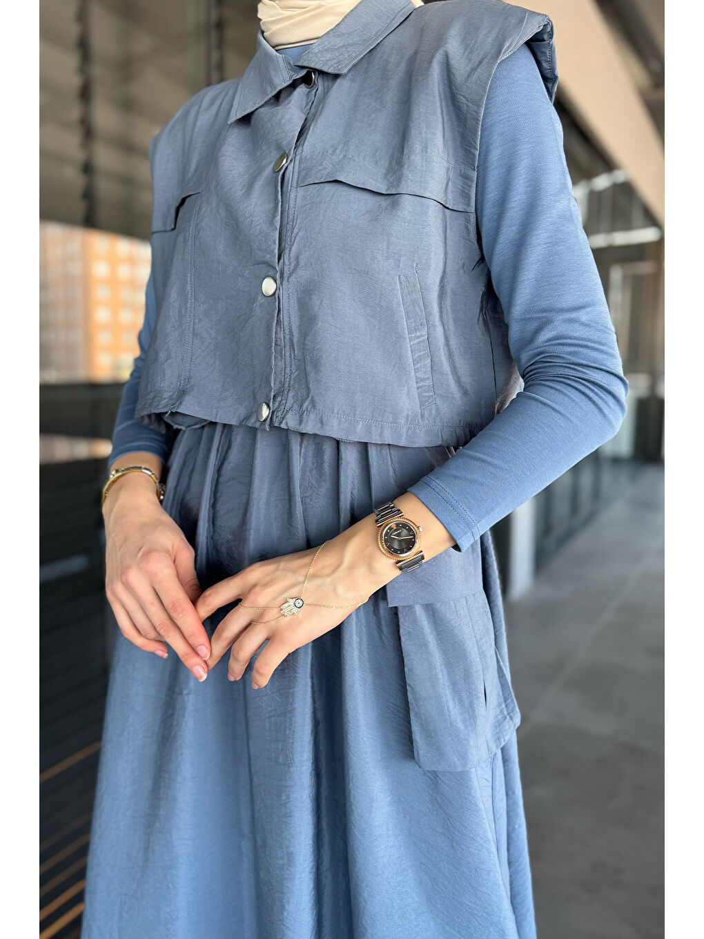 İndigo Çıtçıtlı Kargo Cepli Paraşüt Kumaş Elbise Yelek Tesettür İkili Takım-5