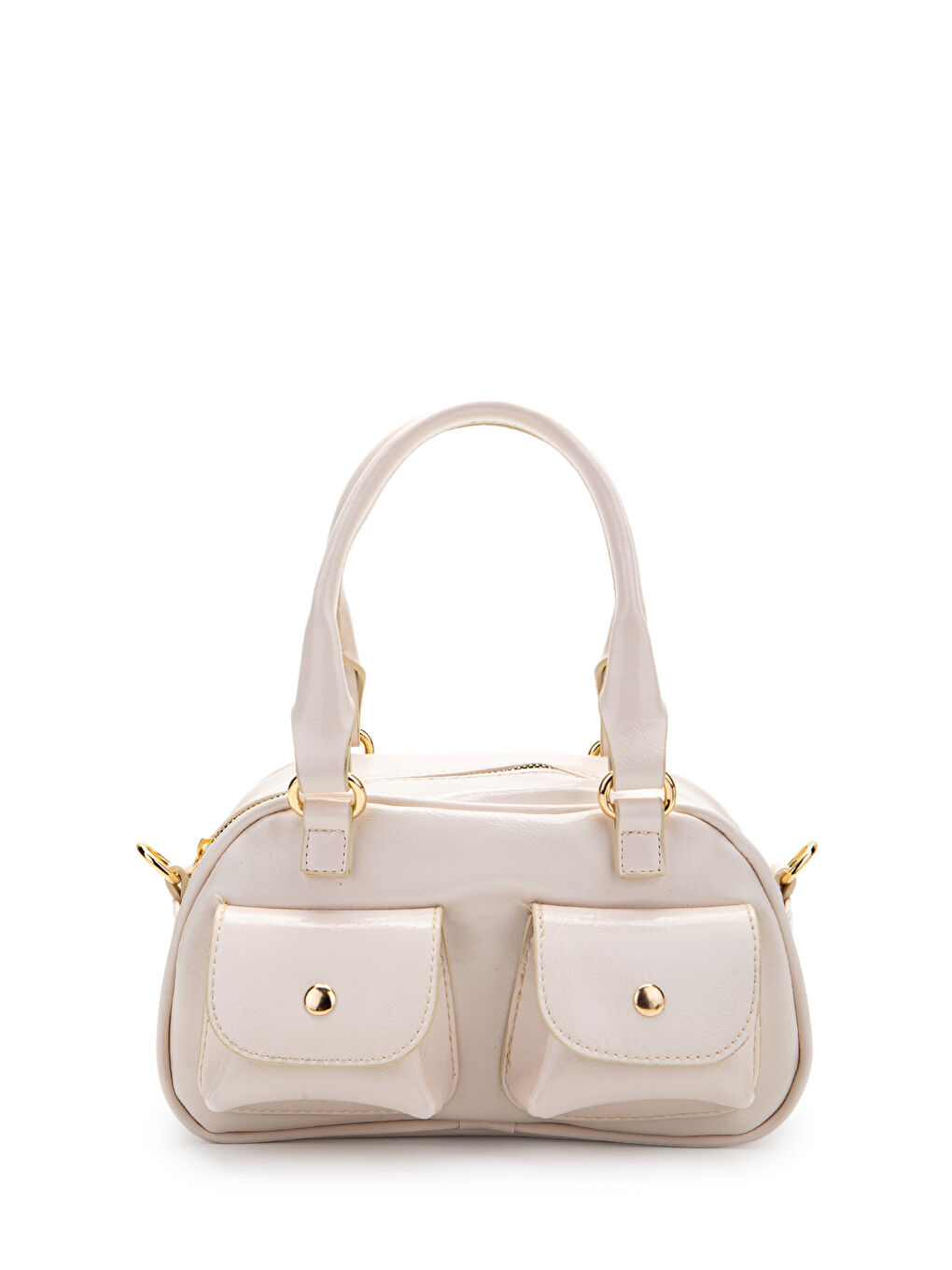 Ekru Çift Cep Detaylı Suni Deri Kadın Çapraz Çanta Vera Krem-1