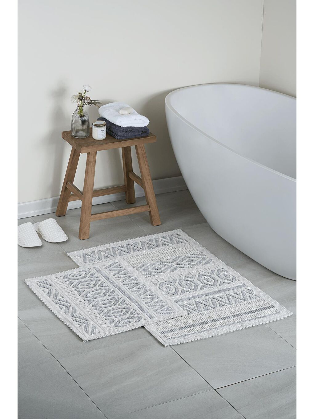 Hat Doğal Pamuklu 2'li Banyo Paspas Seti 60x100+50x60 cm Gri-3