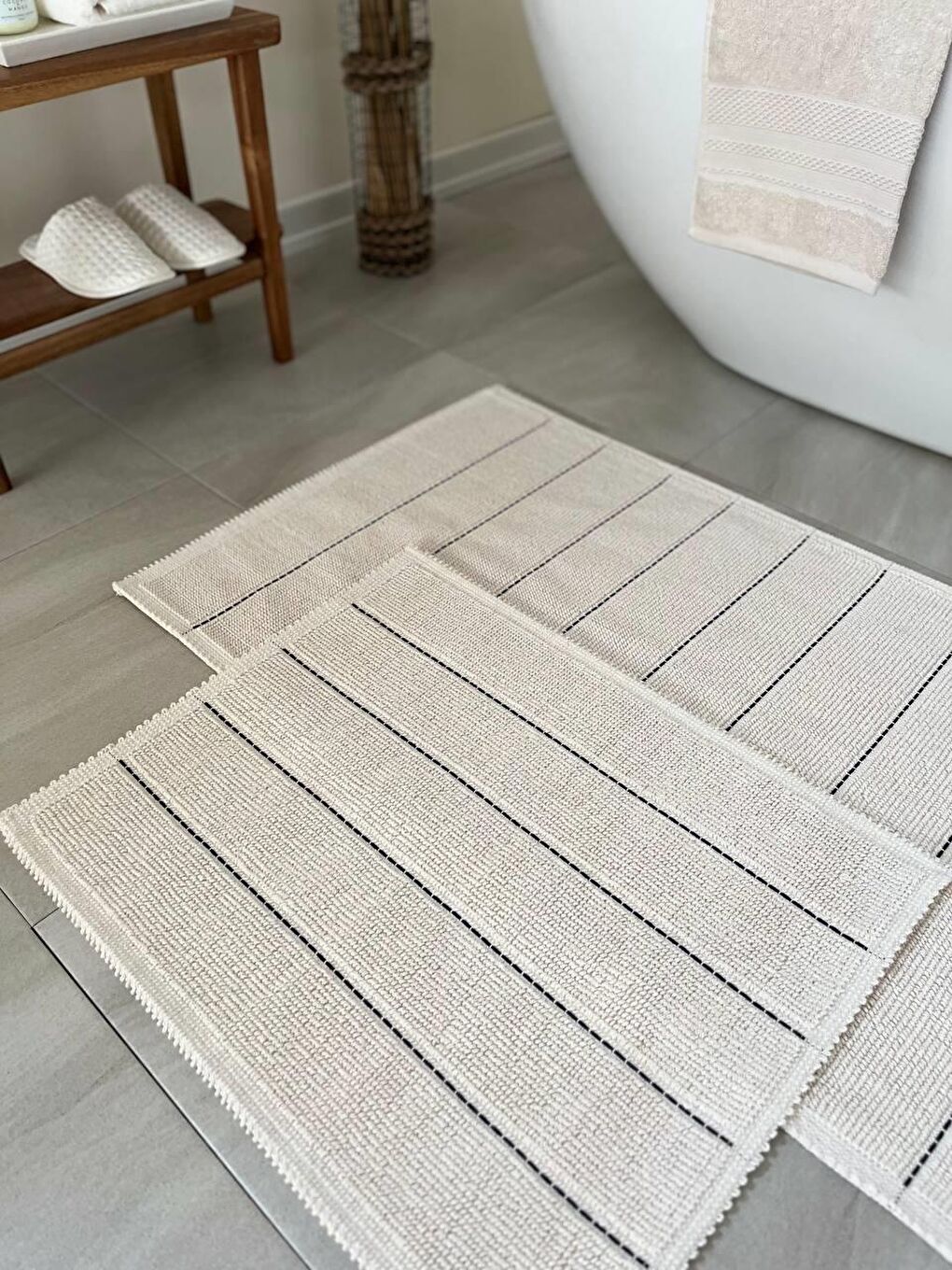 Basic Stripe Doğal Pamuklu 2'li Banyo Paspas Seti 60x100+50x60Cm Ekru-1