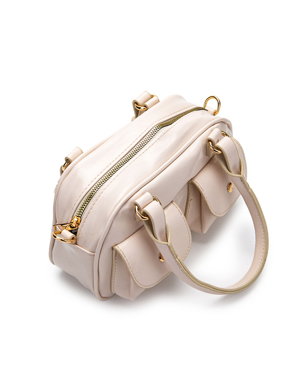 Ekru Çift Cep Detaylı Suni Deri Kadın Çapraz Çanta Vera Krem-2