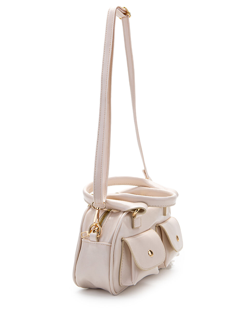 Ekru Çift Cep Detaylı Suni Deri Kadın Çapraz Çanta Vera Krem-3