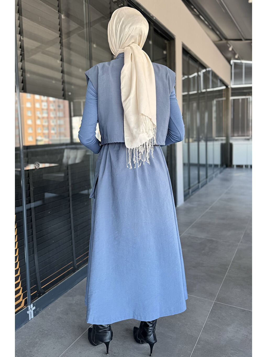 İndigo Çıtçıtlı Kargo Cepli Paraşüt Kumaş Elbise Yelek Tesettür İkili Takım-6