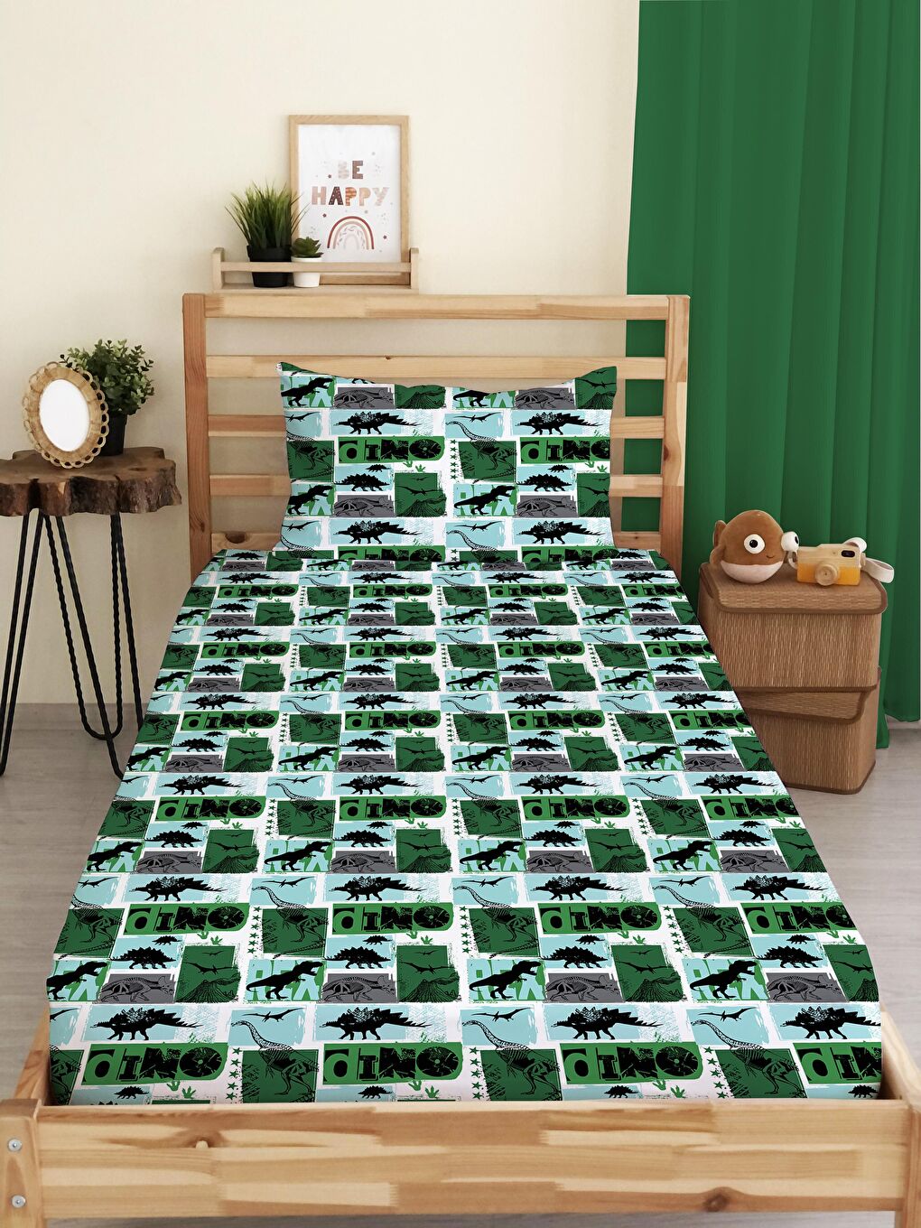 Karışık Dinozor Desenli Baskılı Tek Kişilik Lastikli Çarşaf Seti