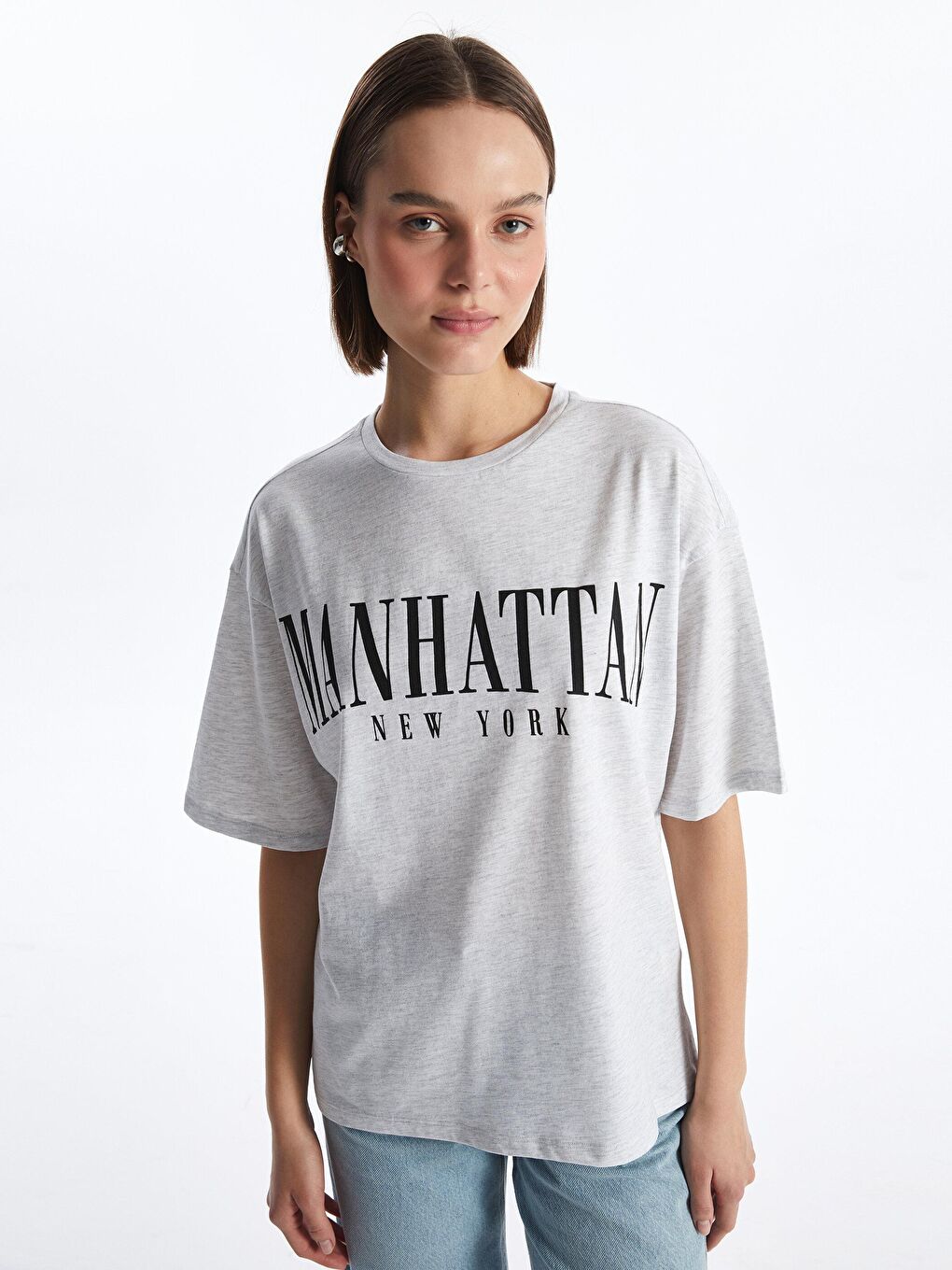 KOOR Açık Gri Oversize 'Manhattan' Baskılı Tshirt  BG17-2